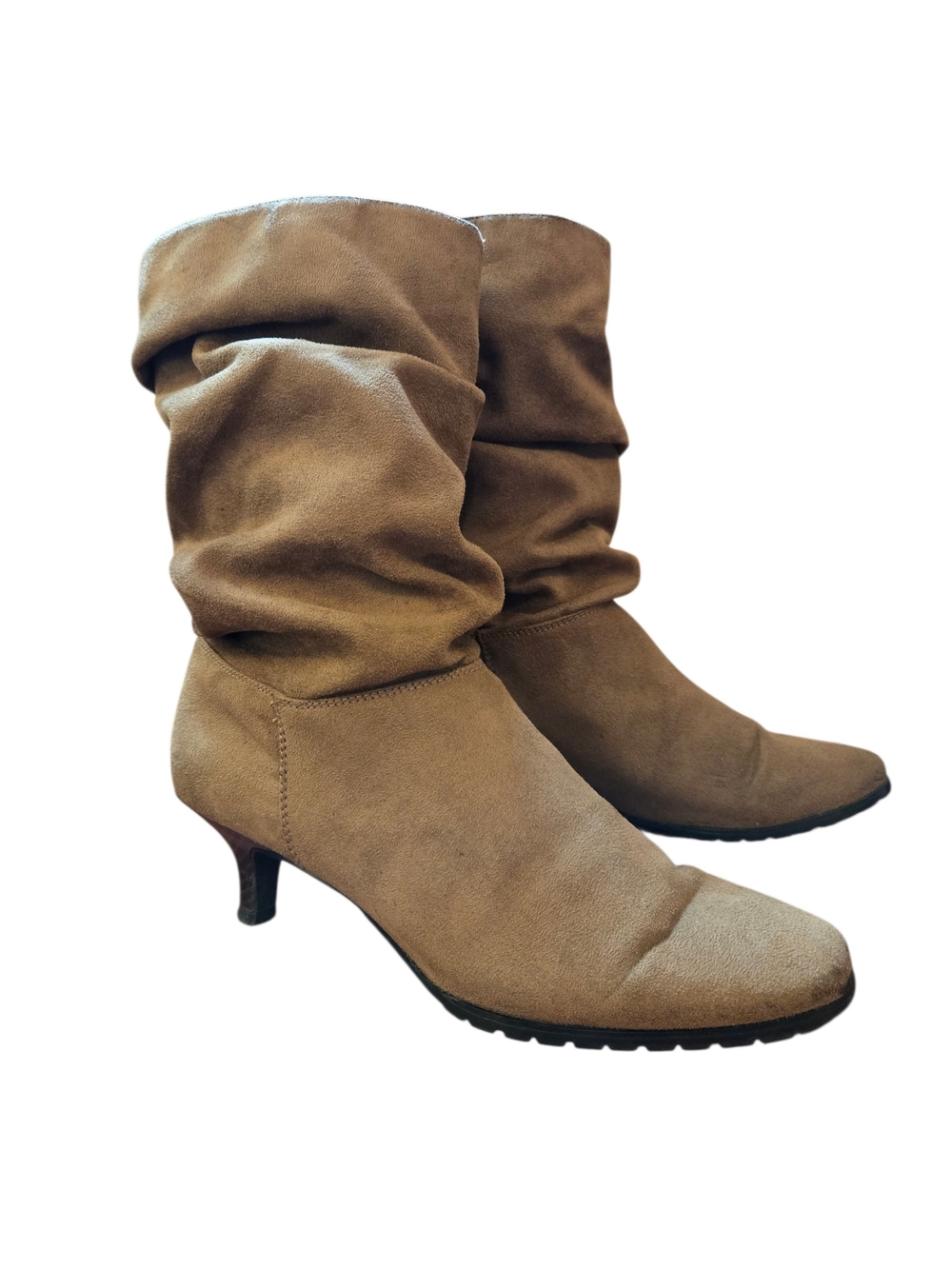 Outline Y2K Slouchy Mid-Calf Kitten Heel Boots - Taupe/Greige Size 8